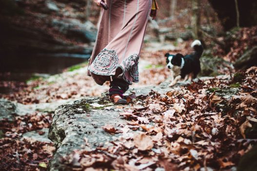 Yulia Azriel waling in the woods of McCormick state park during fall with her soul-mate dog Tiny following her