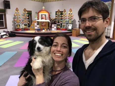 Yulia Azriel and Gabriel Lantz and their dog Tiny setting up for "Restore Your Balance" day-long retreat in Bloomington, Indiana